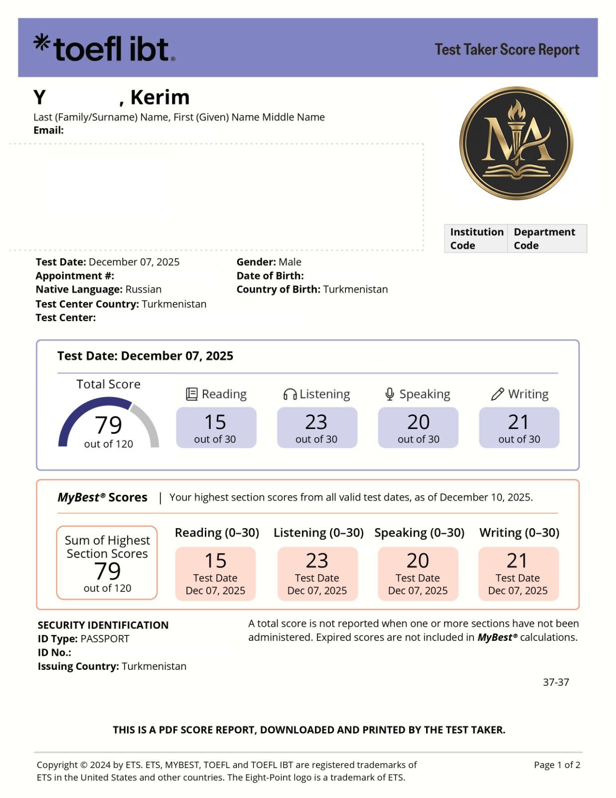 Kerim Y. ETS TOEFL score report — 79 / 120 Total Score